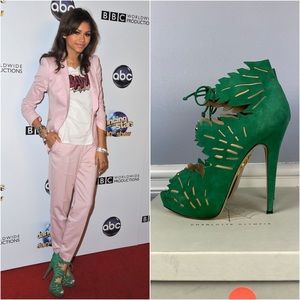 Charlotte Olympia 39 “Eve” Green Suede Platform Heels Leaf Motif